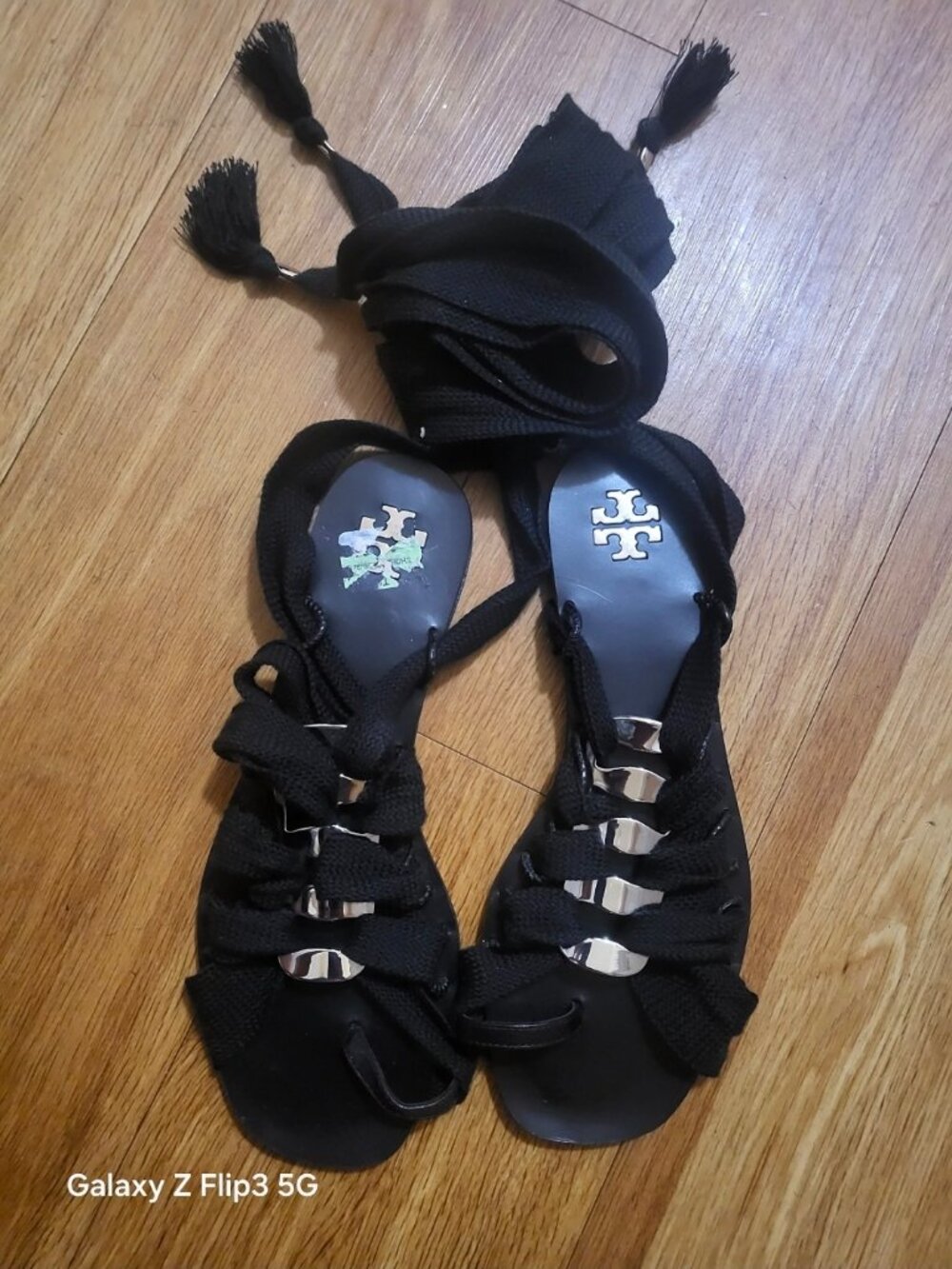 Tory Burch Ribbon Black Silver Metal Strappy Lace Up Tie Sandals Sz 7 y